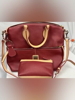 Dooney & Bourke Dillen Red Pebbled Leather Double Pocket Satchel & Pouch Set